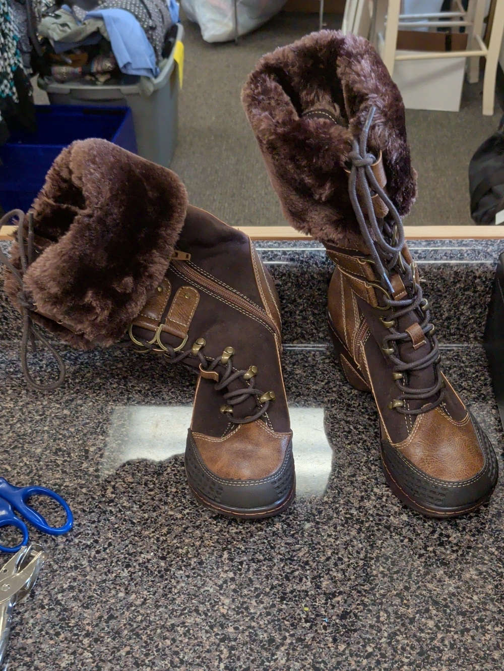 JBU Brown Faux Fur Trim Lace-Up Boots